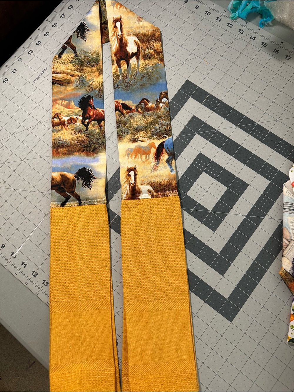 Handmade Wild Horse Print Kitchen Scarf in Mustard and Multi - Picture 5 of 10